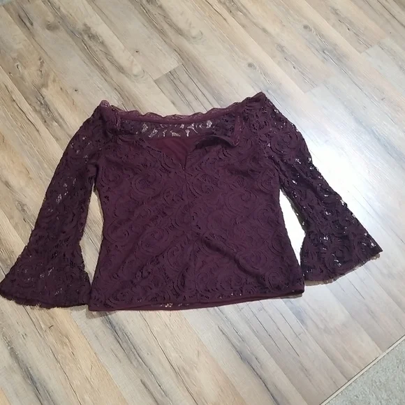 ADRIANNA PAPELL Brown Wide Neckline Off Shoulder Flare Sleeve Lace Shirt Top - Picture 3 of 14